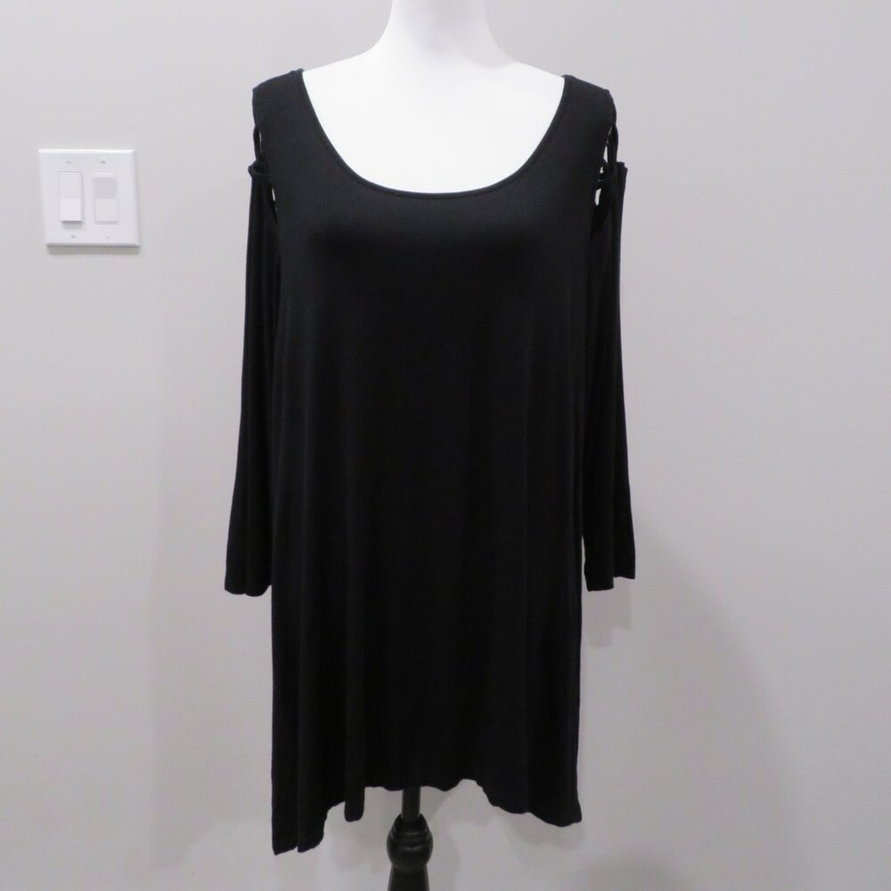 Black Long Sleeve Cut Out Strap Shoulder Tunic Top